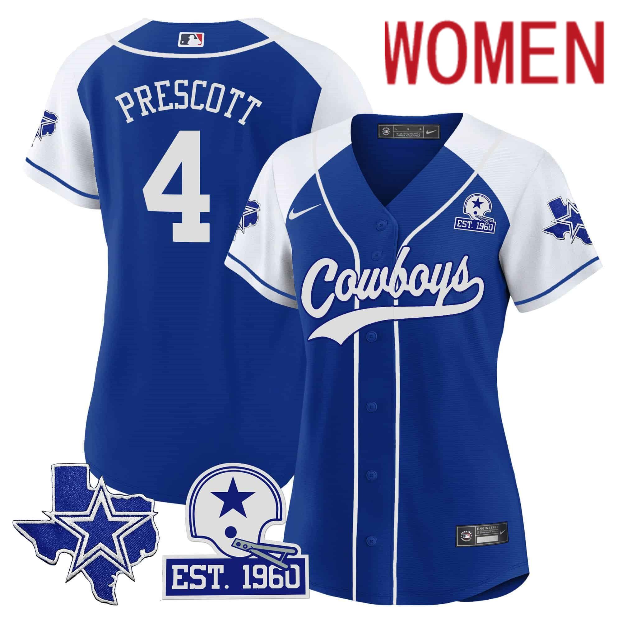 Women Dallas Cowboys #4 Prescott Blue 2024 Nike Patch Baseball NFL Jersey style 1